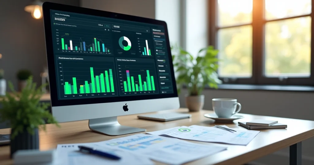 Pessoa analisando gráficos de ROI em tela de computador com planilha e anotações ao lado