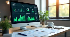 Pessoa analisando gráficos de ROI em tela de computador com planilha e anotações ao lado